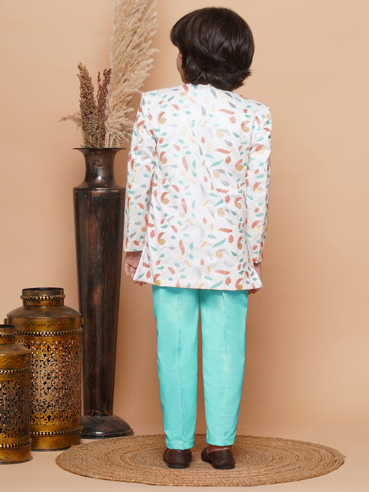 Kids Boys BLUE Floral Print Jacquard Indo Western