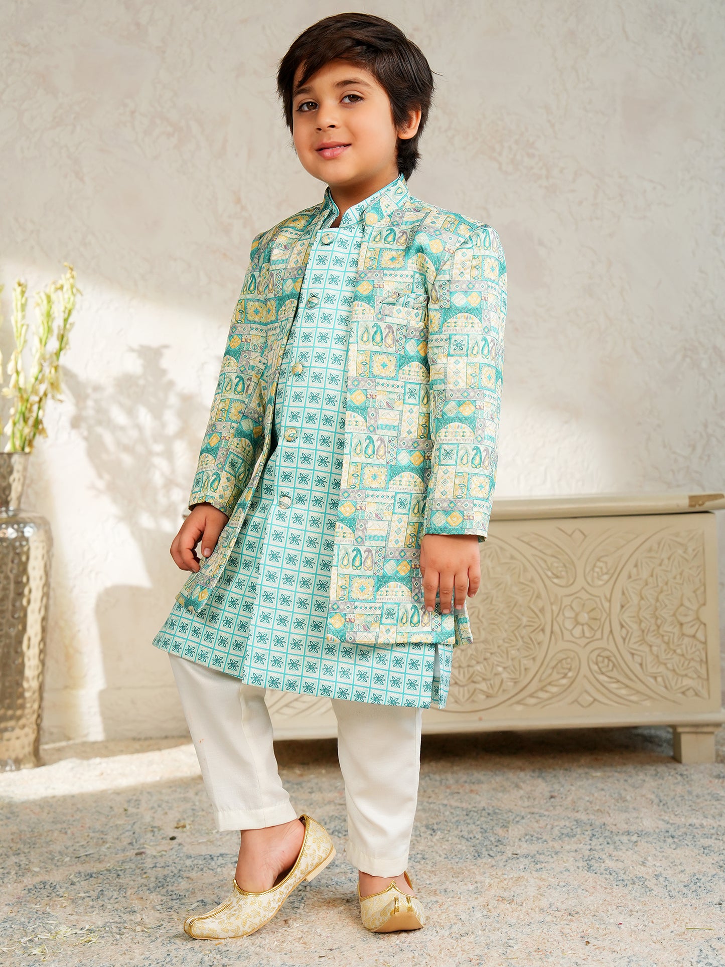 AJ Dezines Blue Jacquard Full Sleeves Rich Floral Embroidery Sherwani