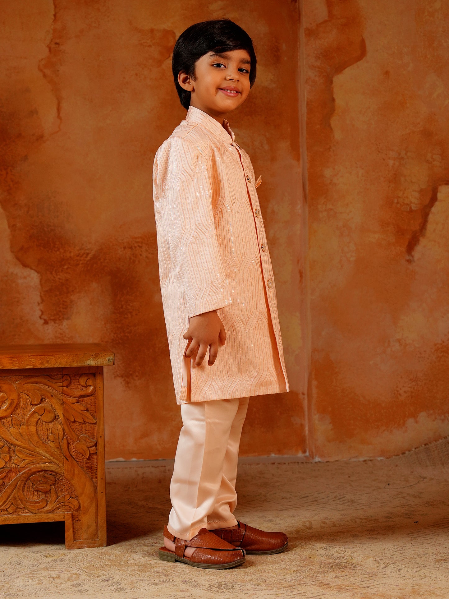 AJ Dezines Peach Jacquard Full Sleeves Sequins and Embroidery Sherwani