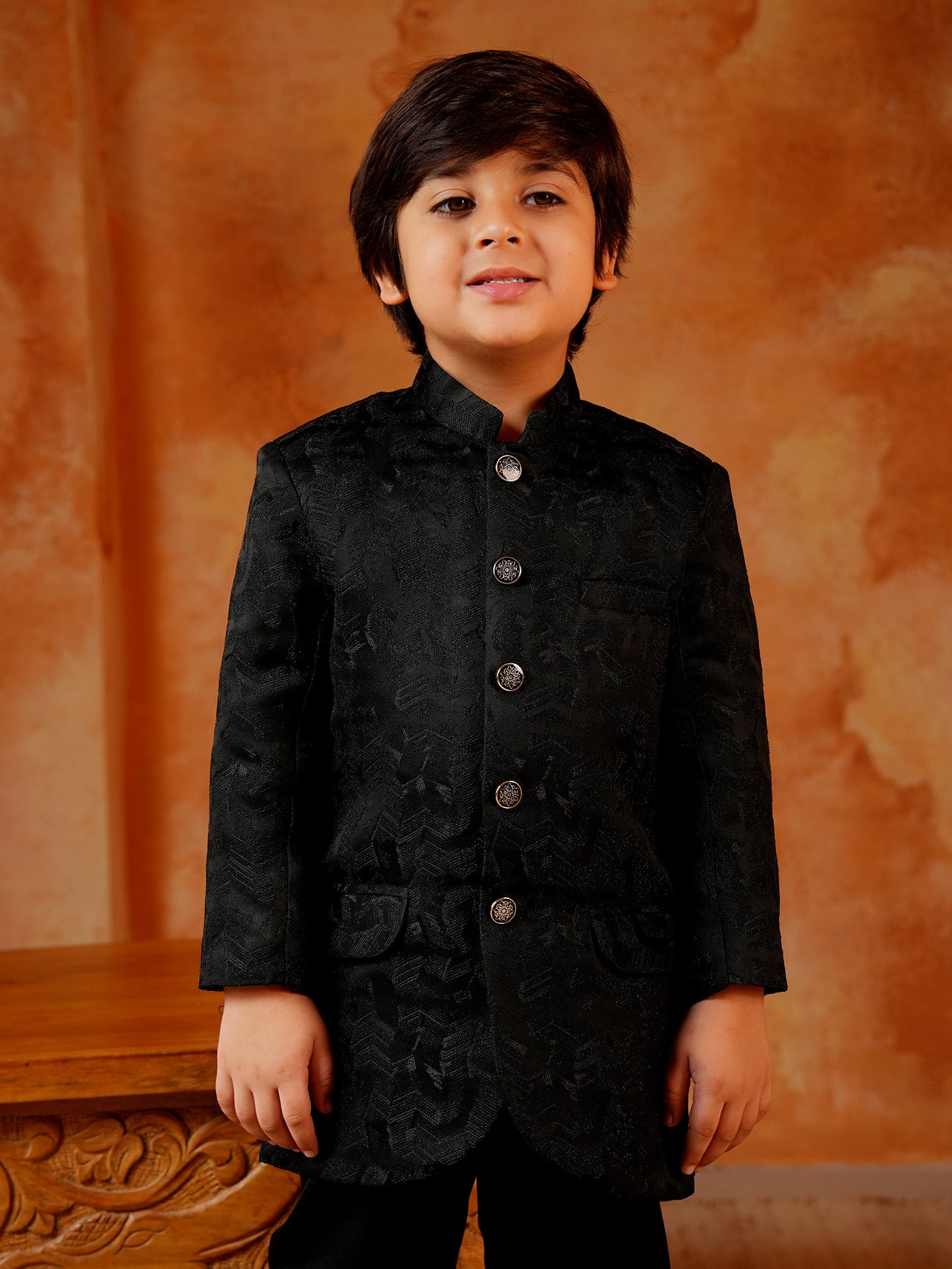 AJ Dezines Black Jacquard Full Sleeves Sequins and Embroidery Sherwani