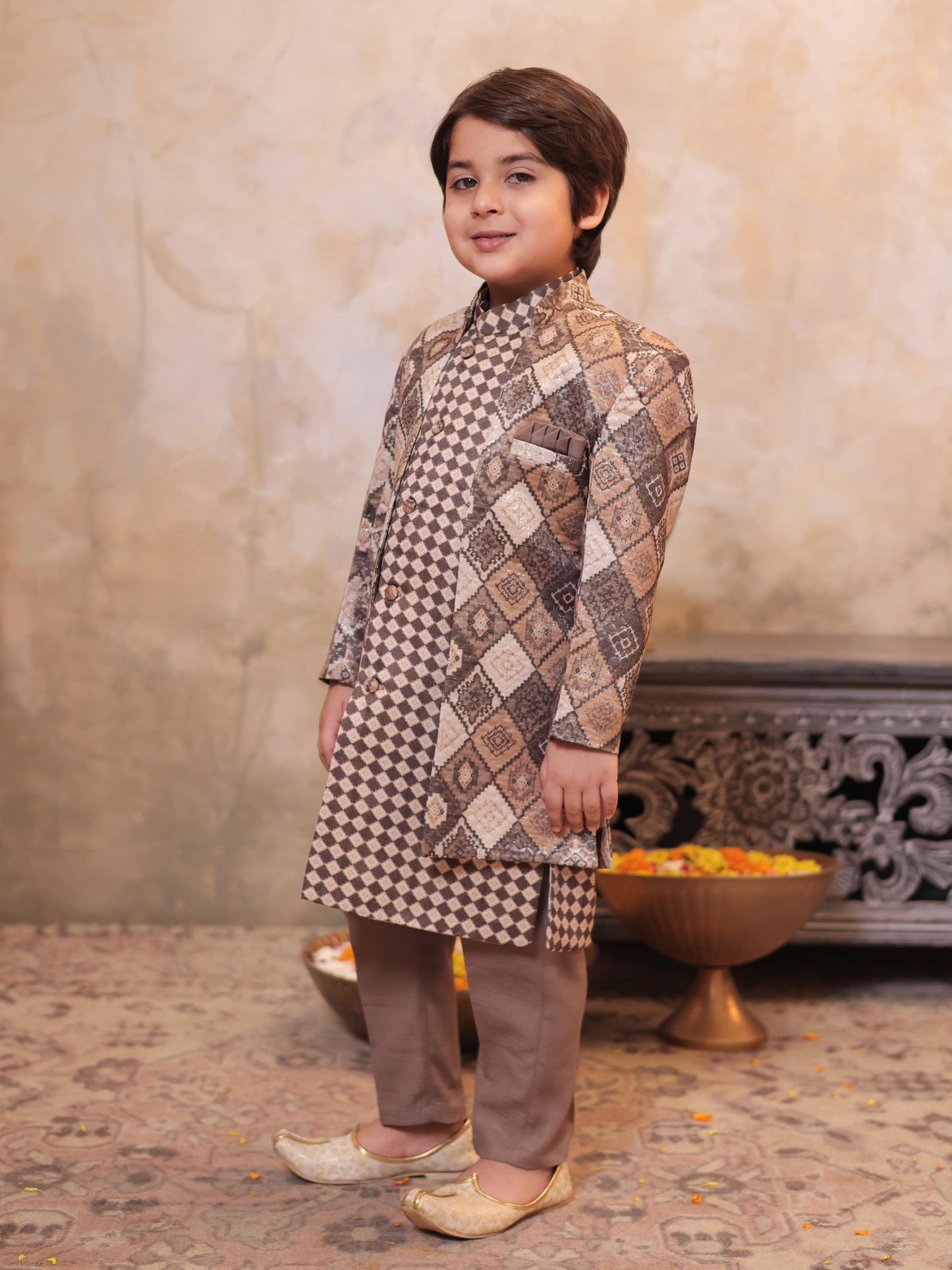 Boys Brown Jacquard Full Sleeves Rich Embroidery Sherwani