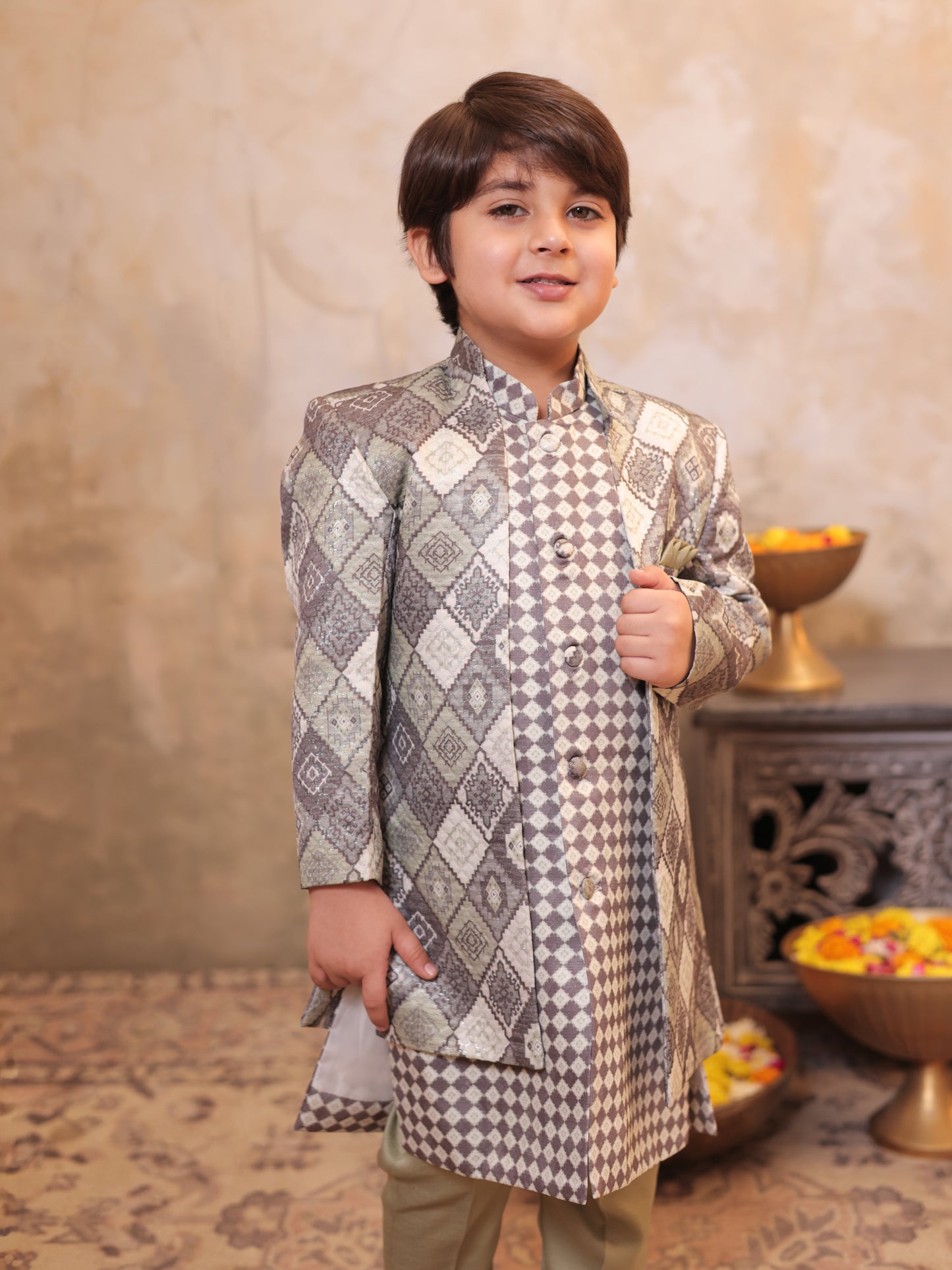 Boys Green Jacquard Full Sleeves Rich Embroidery Sherwani