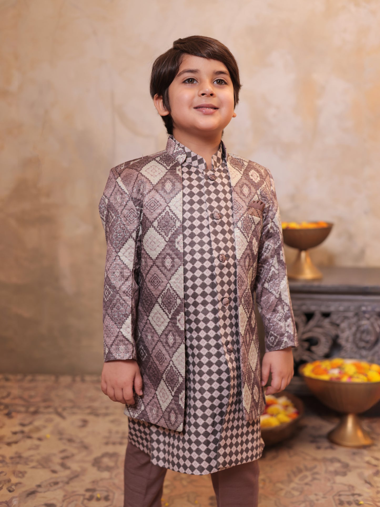 Boys Mauve Jacquard Full Sleeves Rich Embroidery Sherwani