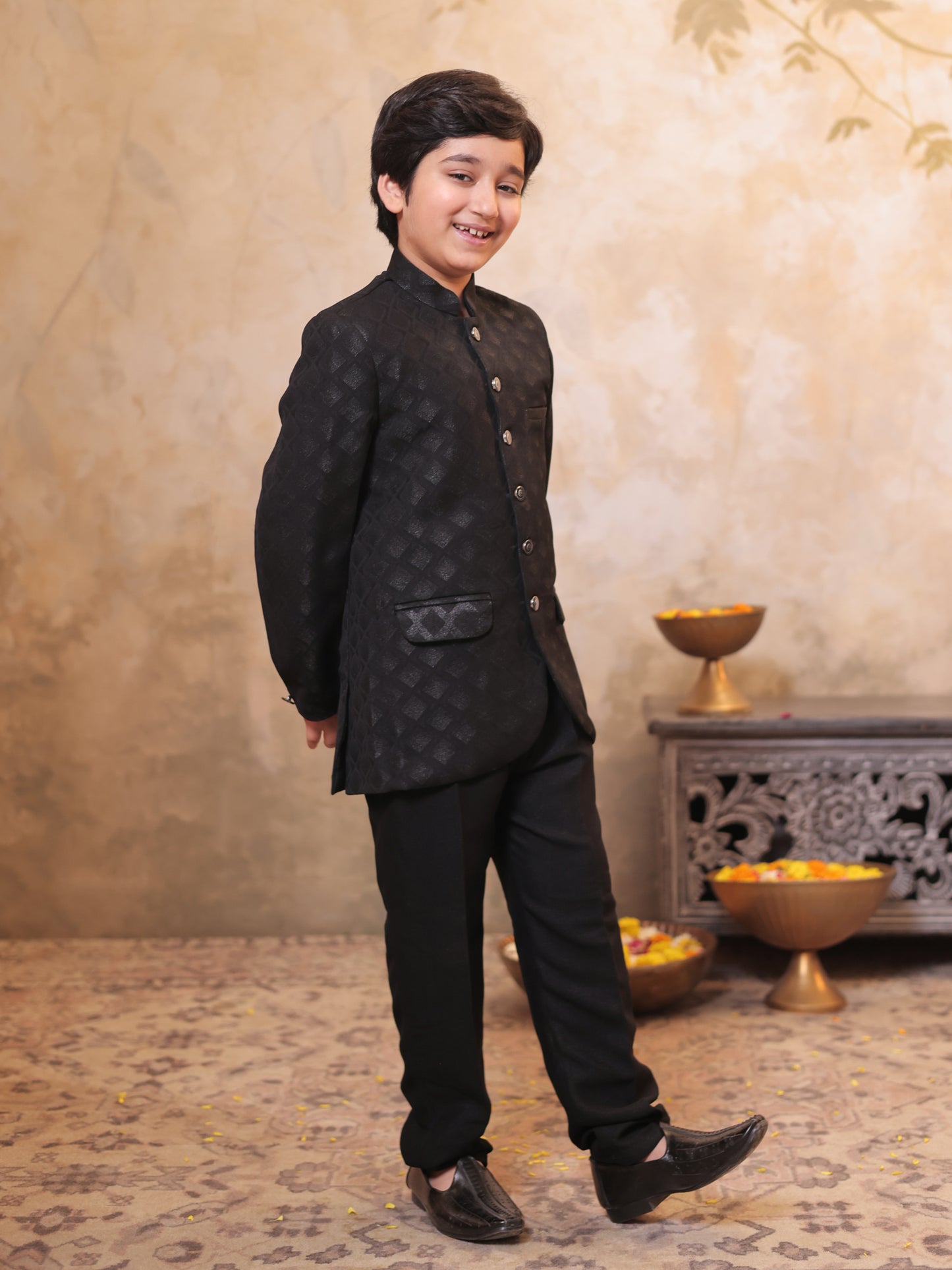 Boys Black Jacquard Full Sleeves Sequins and Embroidery Sherwani
