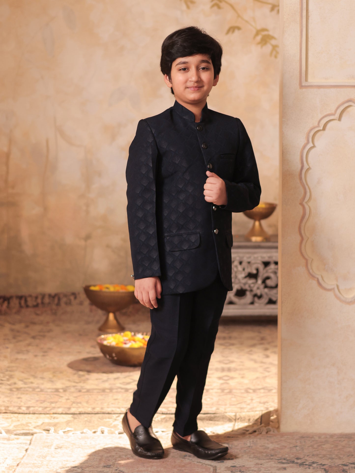 Boys Blue Jacquard Full Sleeves Sequins and Embroidery Sherwani