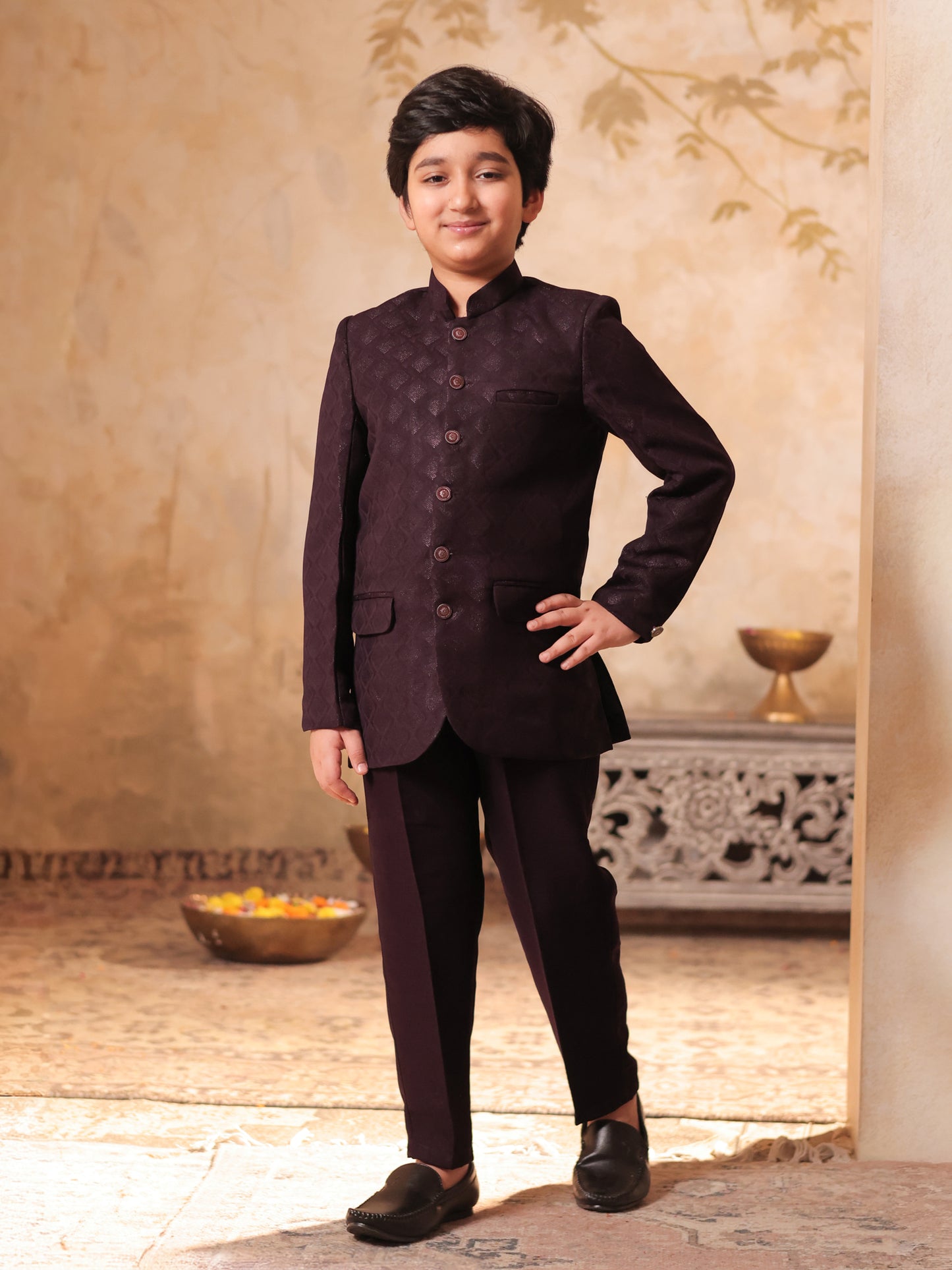 Boys Maroon Jacquard Full Sleeves Sequins and Embroidery Sherwani