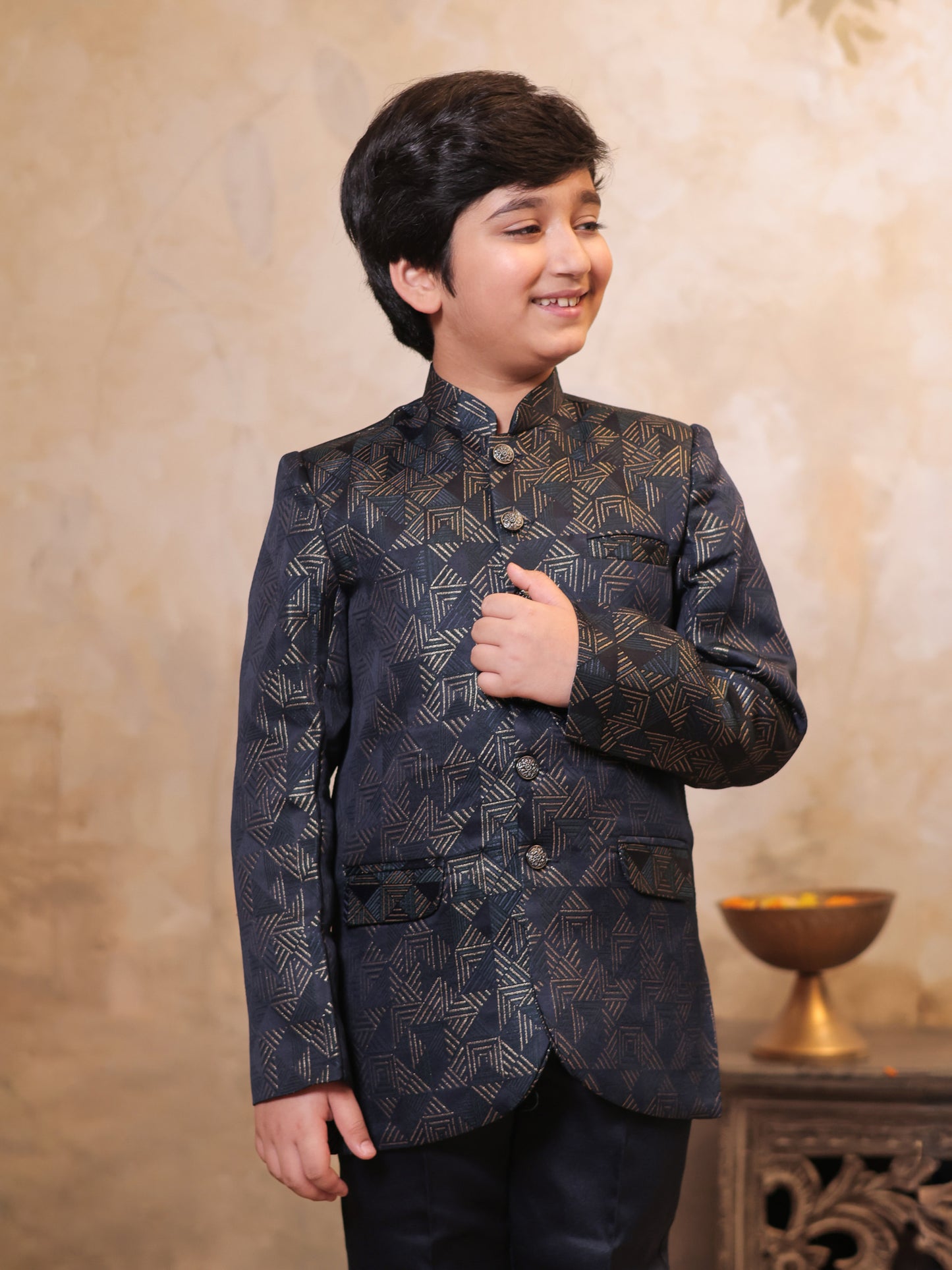 Boys Blue Jacquard Full Sleeves Embroidery Sherwani