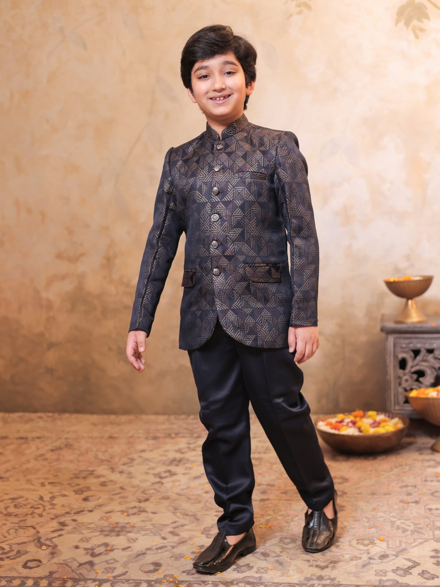 Boys Purple Jacquard Full Sleeves Embroidery Sherwani