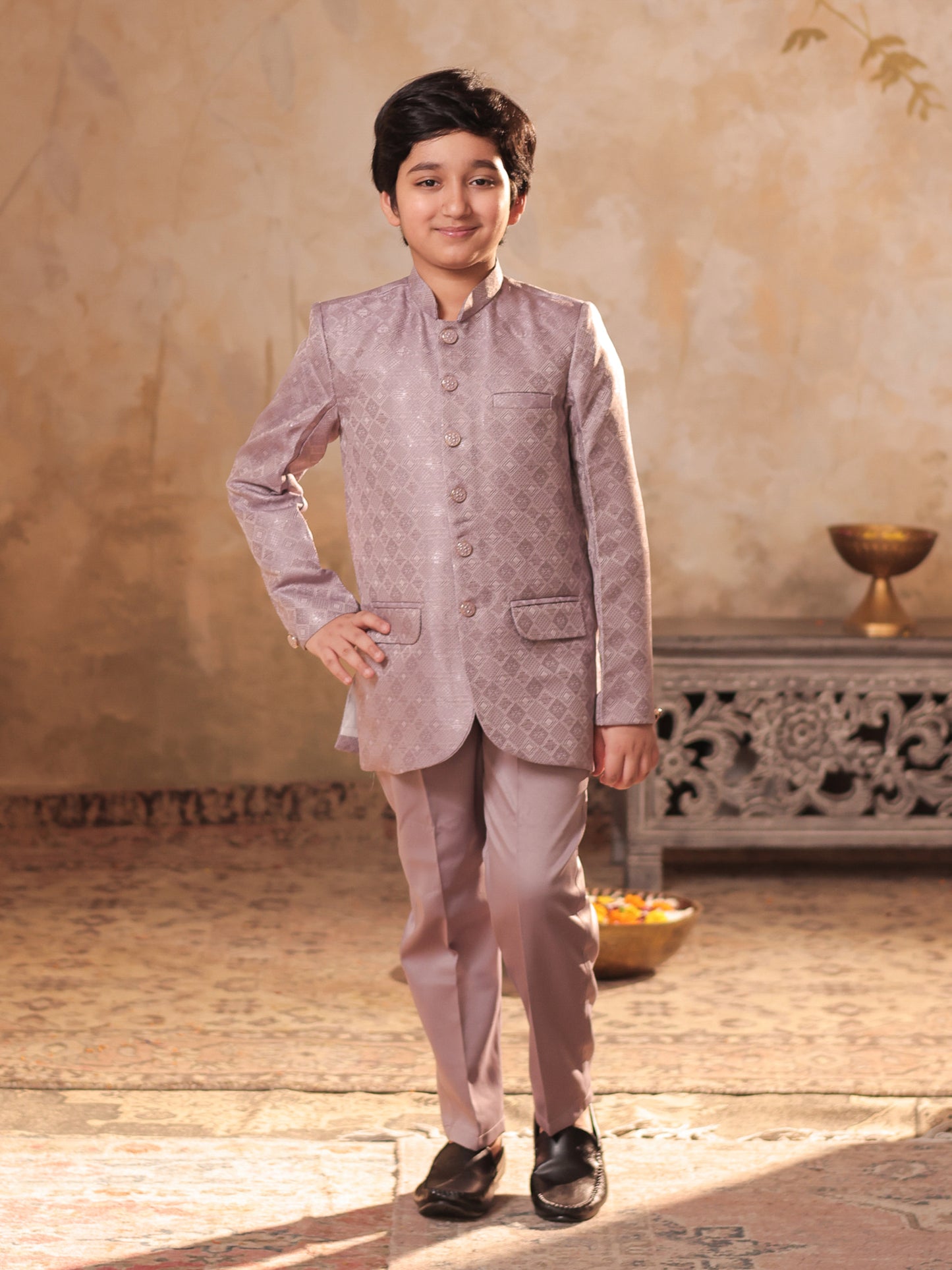 Boys Mauve Jacquard Full Sleeves Sequins and Embroidery Sherwani