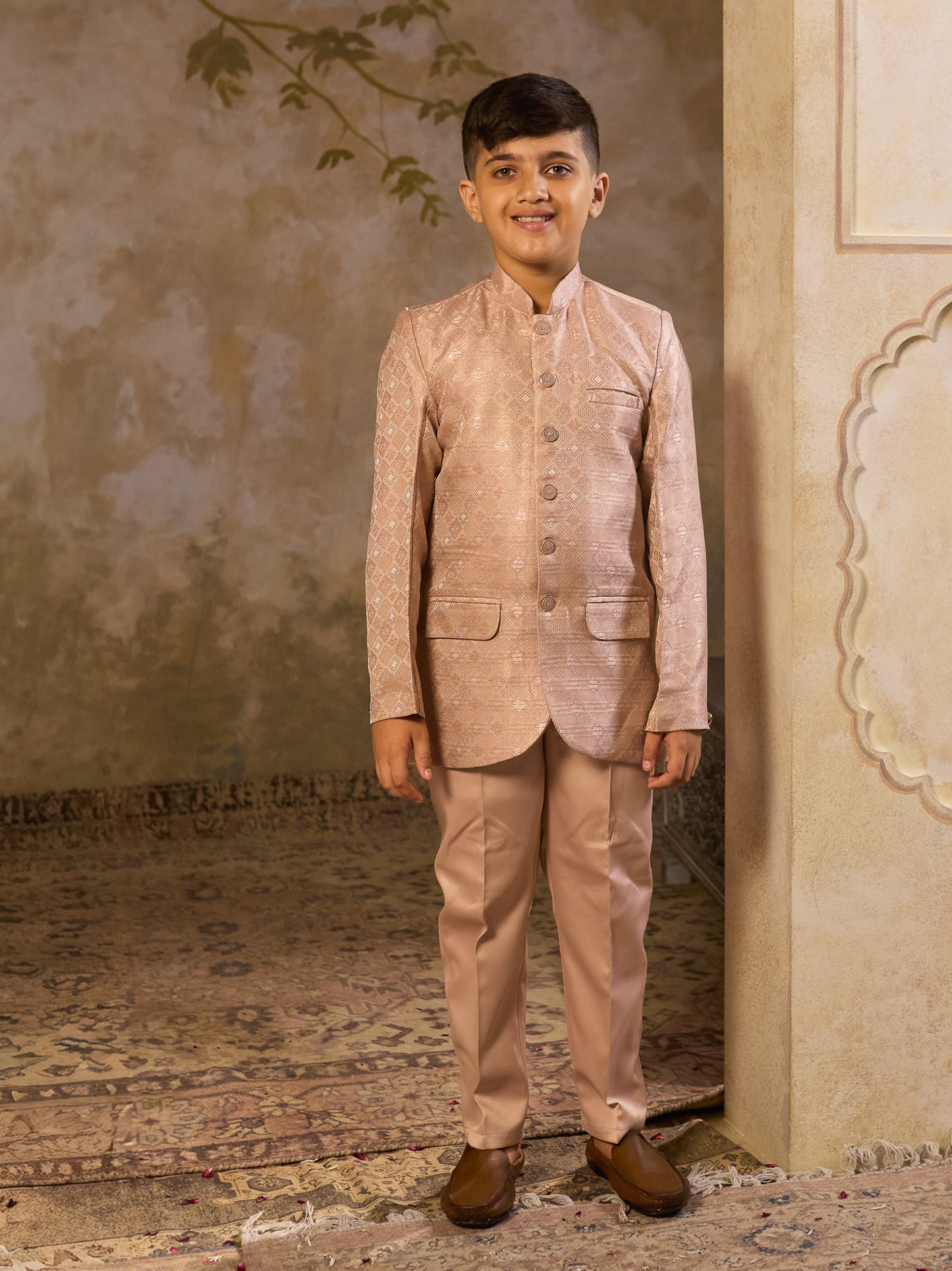 Boys Peach Jacquard Full Sleeves Sequins and Embroidery Sherwani