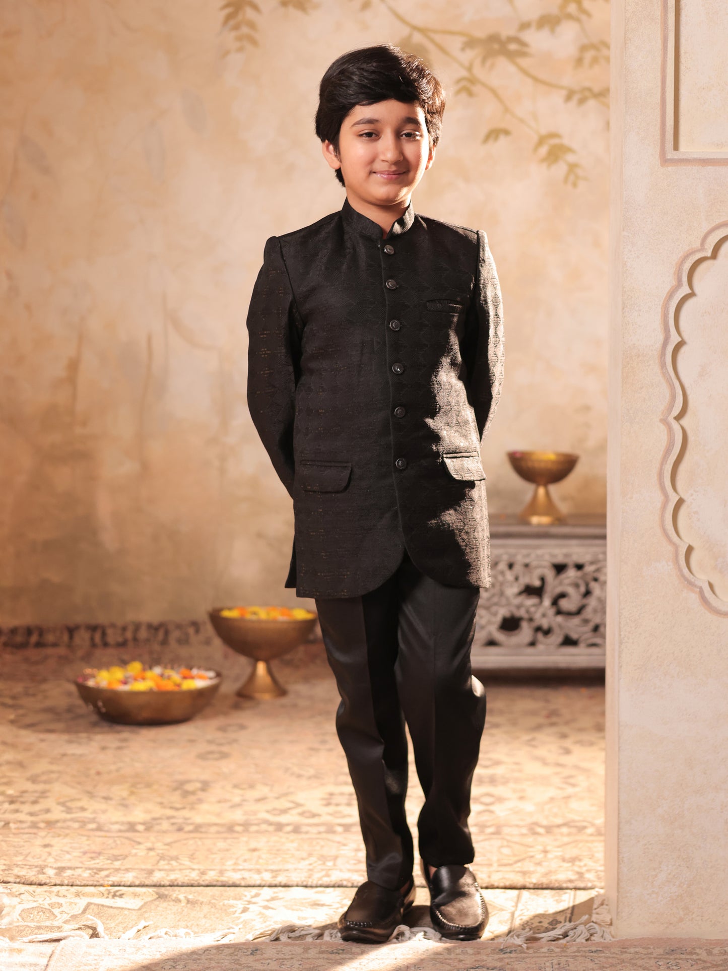 Boys Black Jacquard Full Sleeves Sequins and Embroidery Sherwani