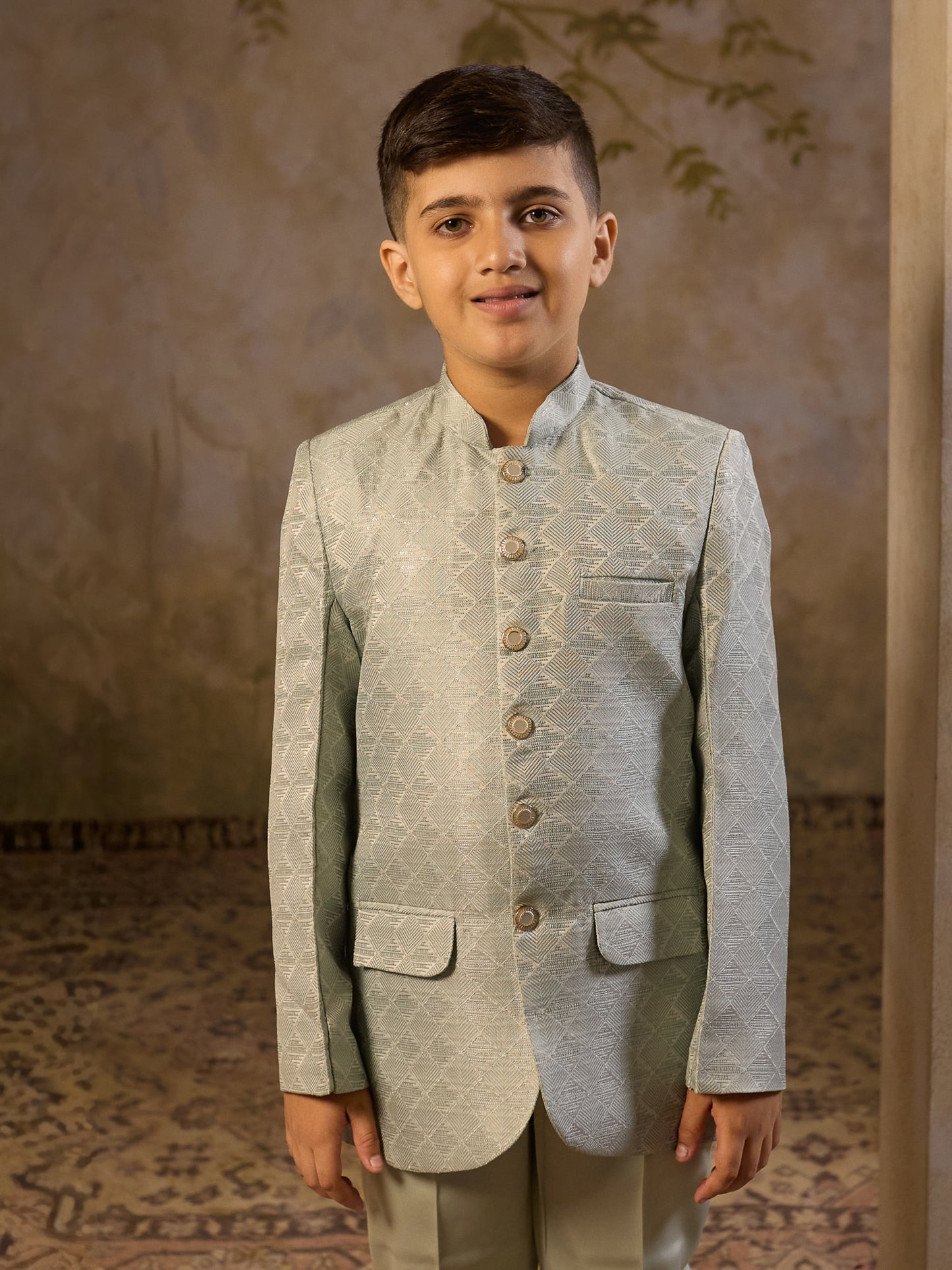 Boys Pista Jacquard Full Sleeves Sequins and Embroidery Sherwani