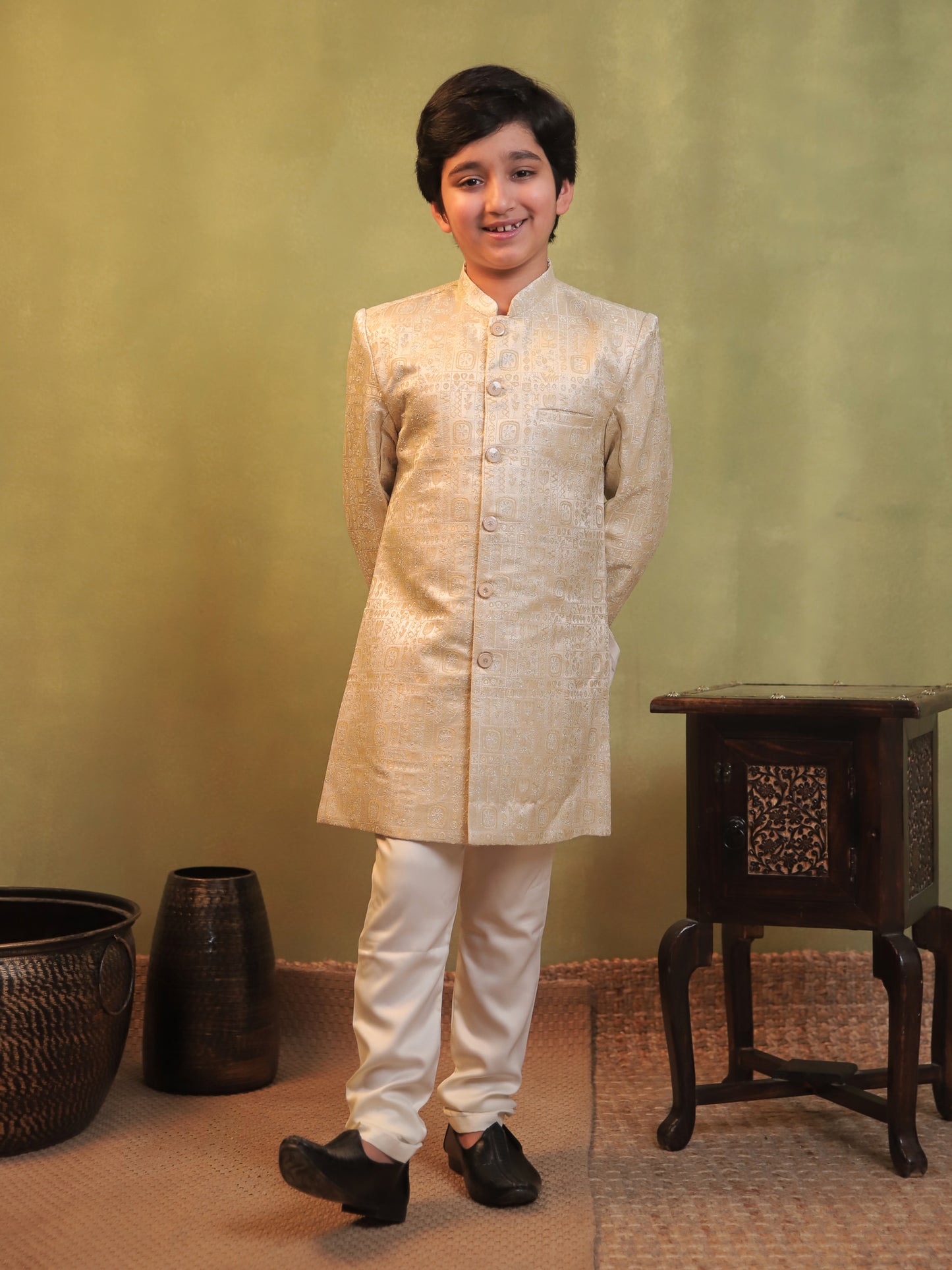 Cream Jacquard Full Sleeves Sherwani with Rich Floral Embroidery for boys
