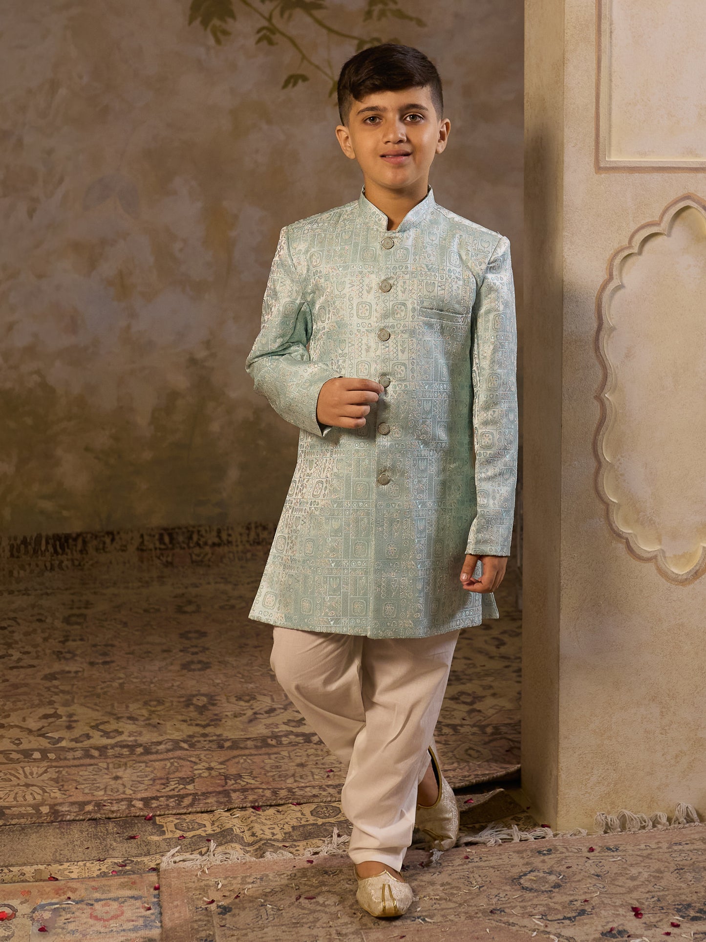 Sky Blue Jacquard Full Sleeves Sherwani with Rich Floral Embroidery for boys