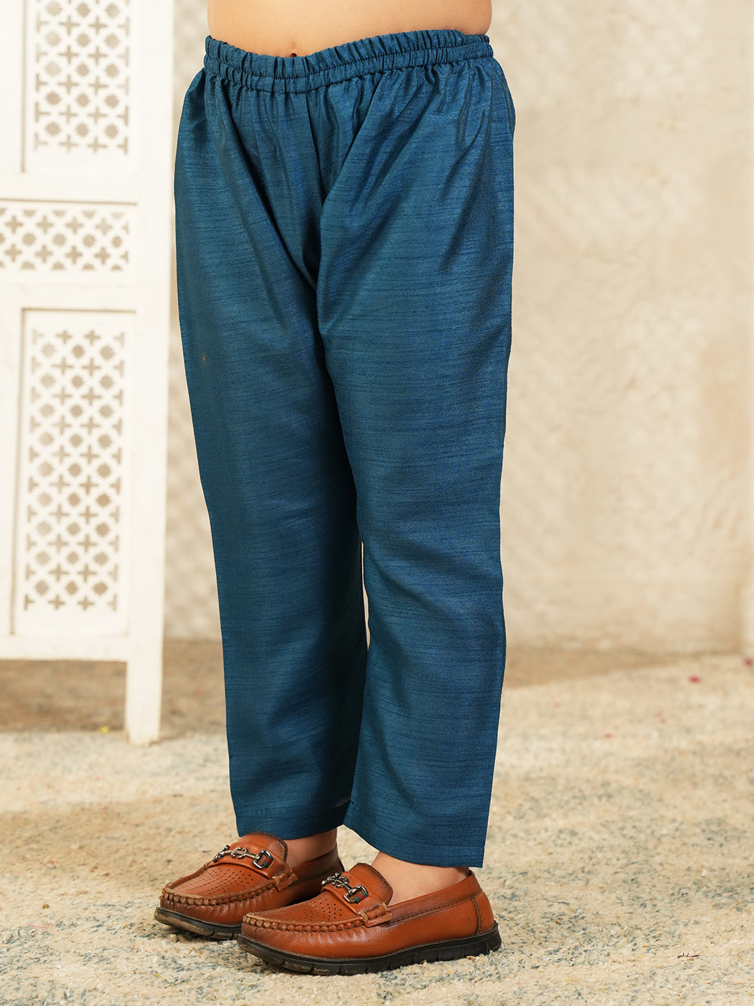 Dark Blue Printed Silk Blend Sherwani For Boys