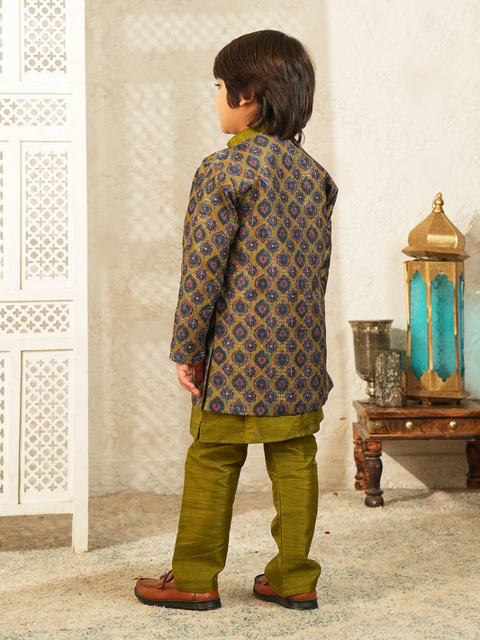 Green Printed Silk Blend Sherwani For Boys