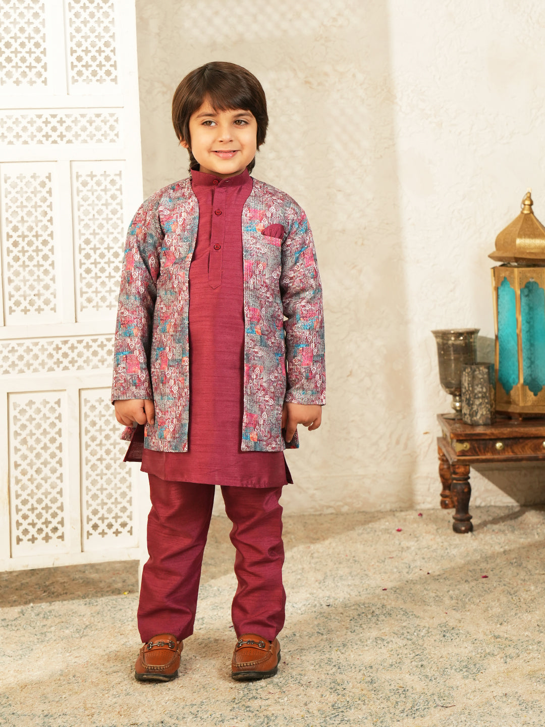 Maroon Printed Silk Blend Sherwani For Boys