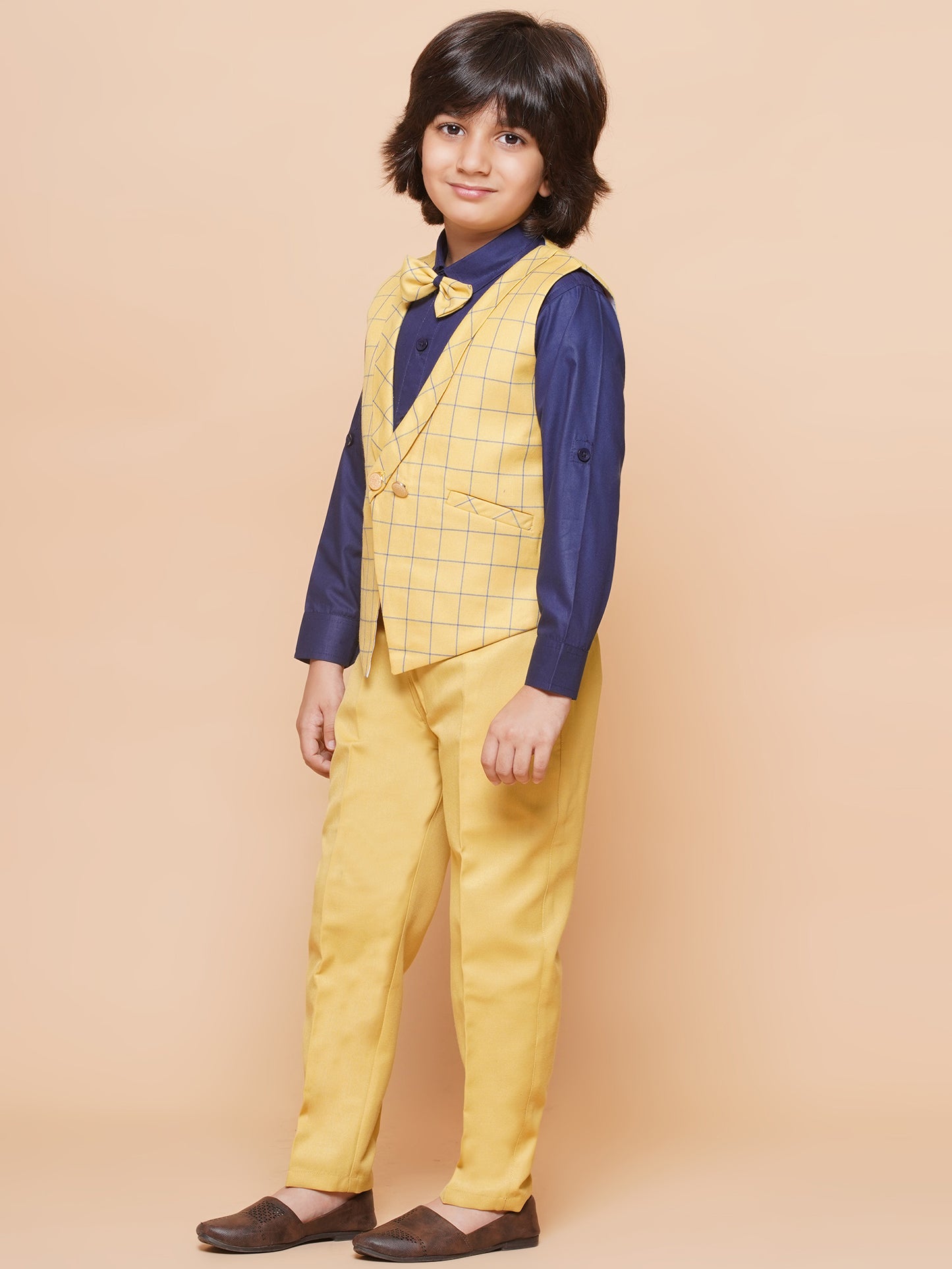 Kids Boys Yellow Solid Cotton Blend Shirt Pant Waistcoat