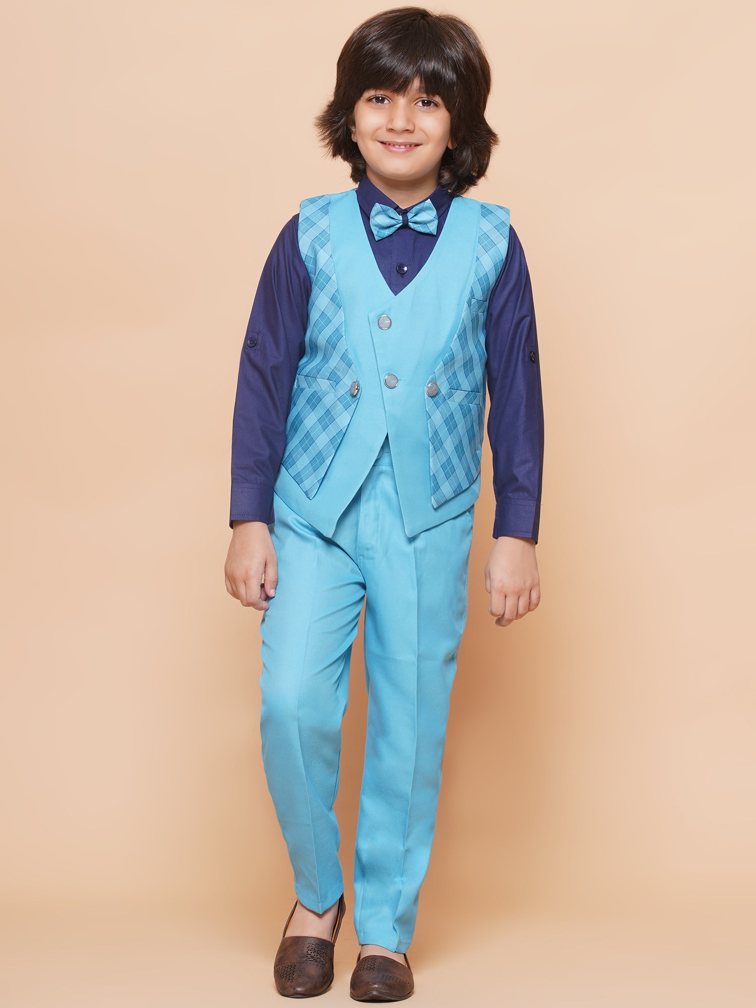 Kids Boys BLUE Checkered Cotton Blend Shirt Pant Waistcoat – AJ