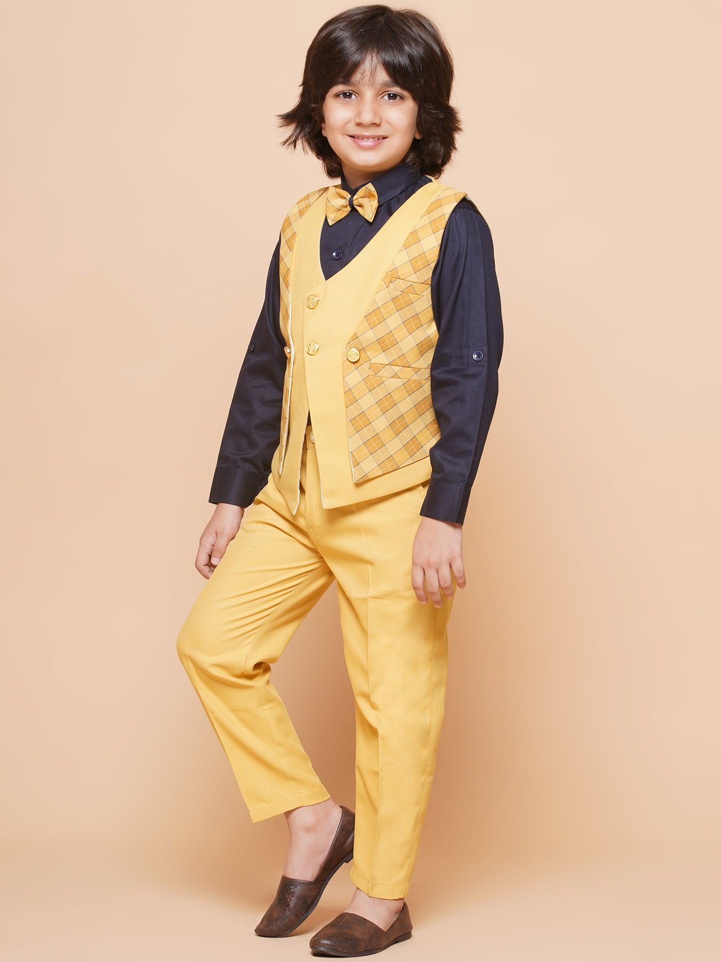 Kids Boys Yellow Checkered Cotton Blend Shirt Pant Waistcoat