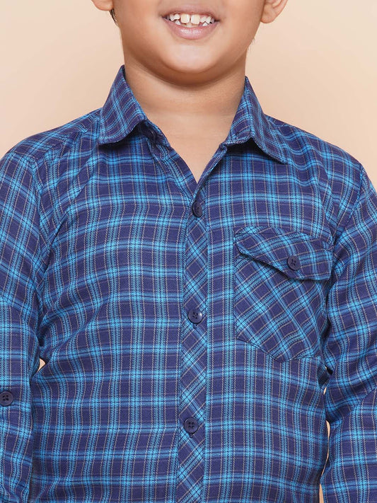 Kids Boys Navy Blue Checkered Cotton Top & Bottom Set