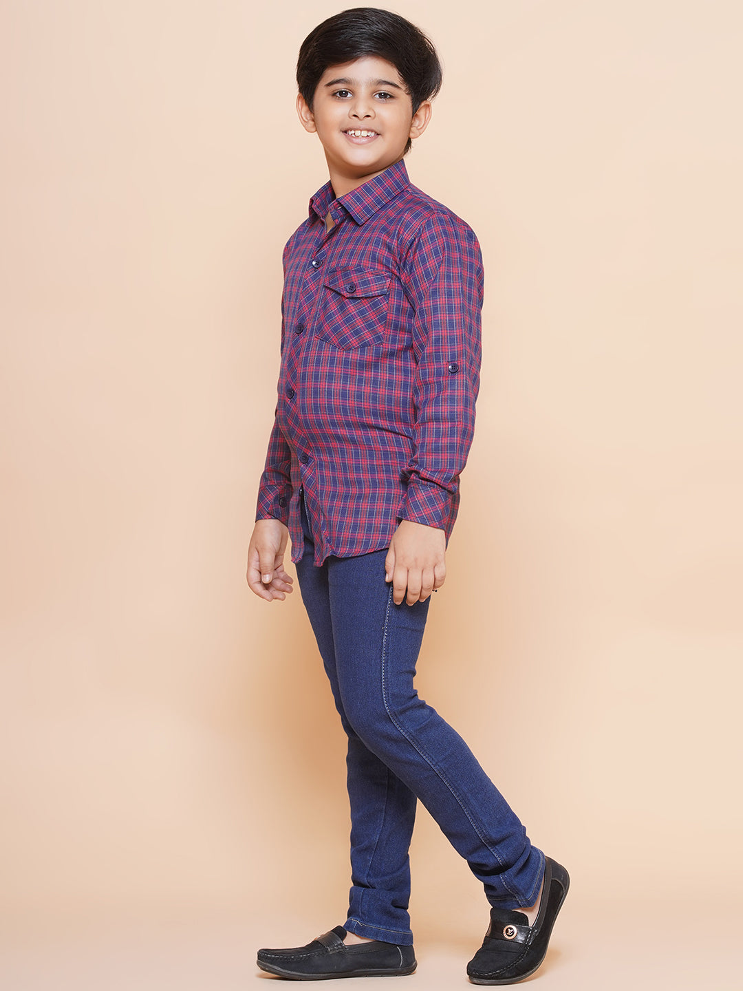 Kids Boys Red Checkered Cotton Top & Bottom Set