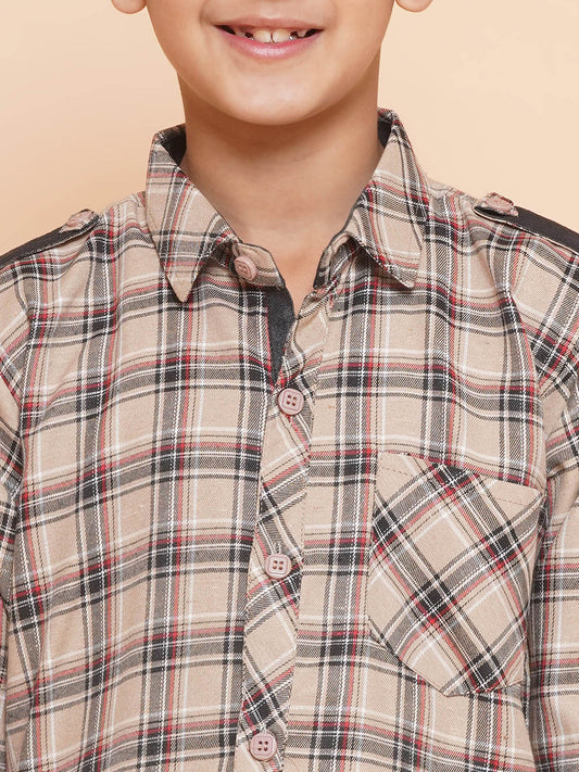 Kids Boys Beige Checkered Cotton Top & Bottom Set