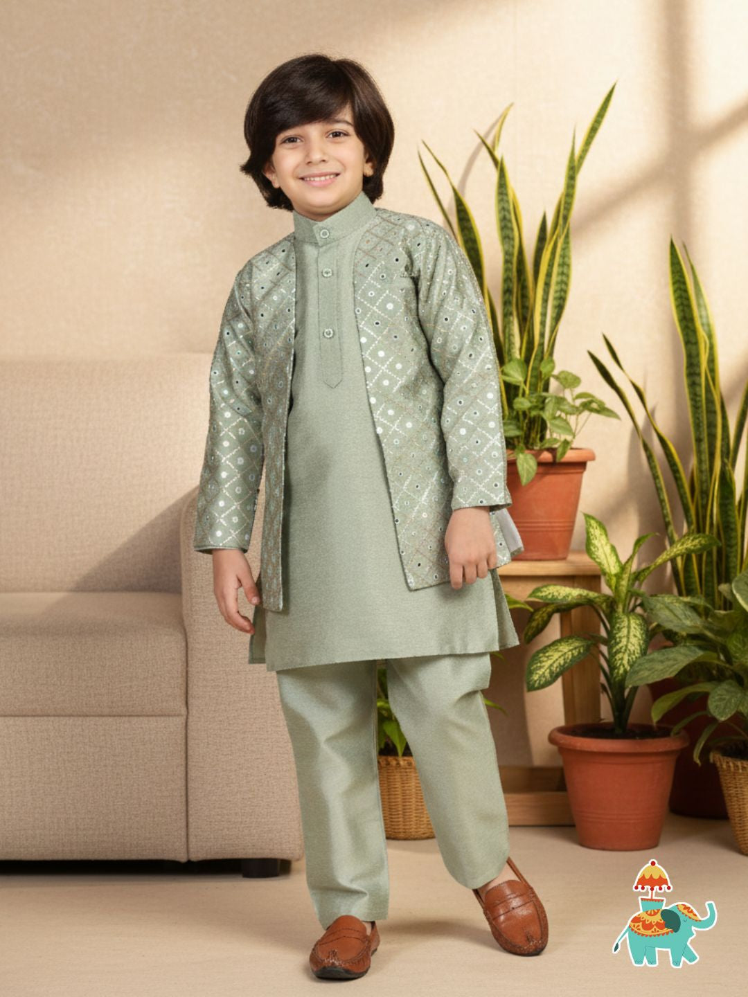 Boys Pista Solid Silk Sherwani for Kids
