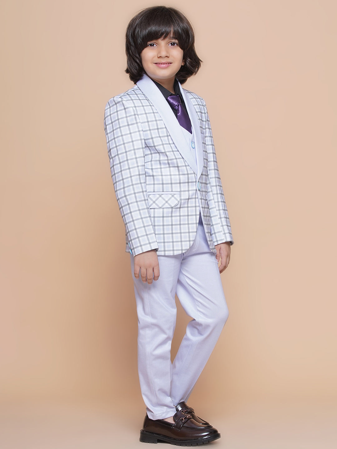 Boys Kids Check Mauve Cotton Blend Suit Set