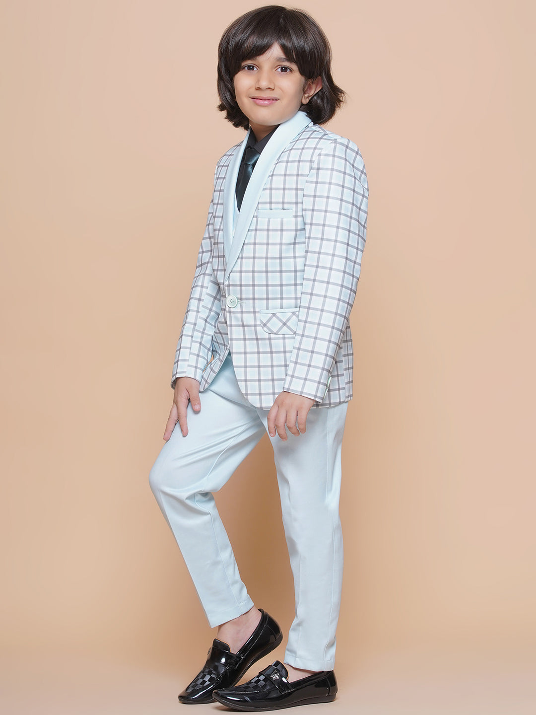 Boys Kids Check Sky Blue Cotton Blend Suit Set