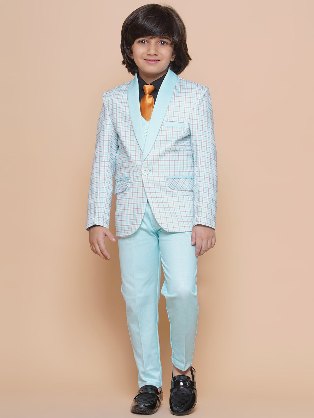Boys Kids Check Sky Blue Cotton Blend Suit Set