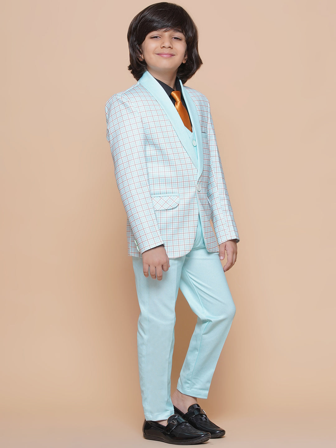 Boys Kids Check Sky Blue Cotton Blend Suit Set