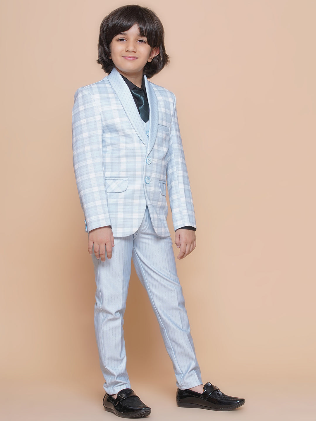 Boys Kids Check Sky Blue Cotton Blend Suit Set