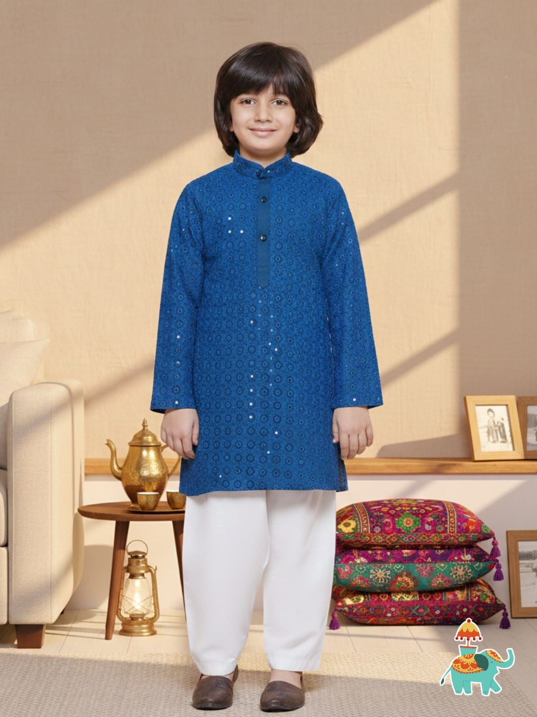 AJ Dezines NAVY BLUE Schiffli Full sleeves Embroidered Kurta for Boys
