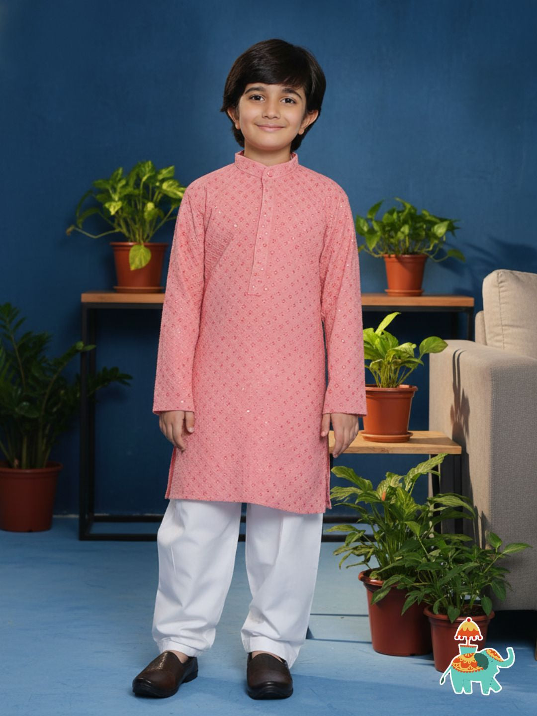 PEACH Schiffli Full sleeves Embroidered Kurta Pyjama Set for Boys