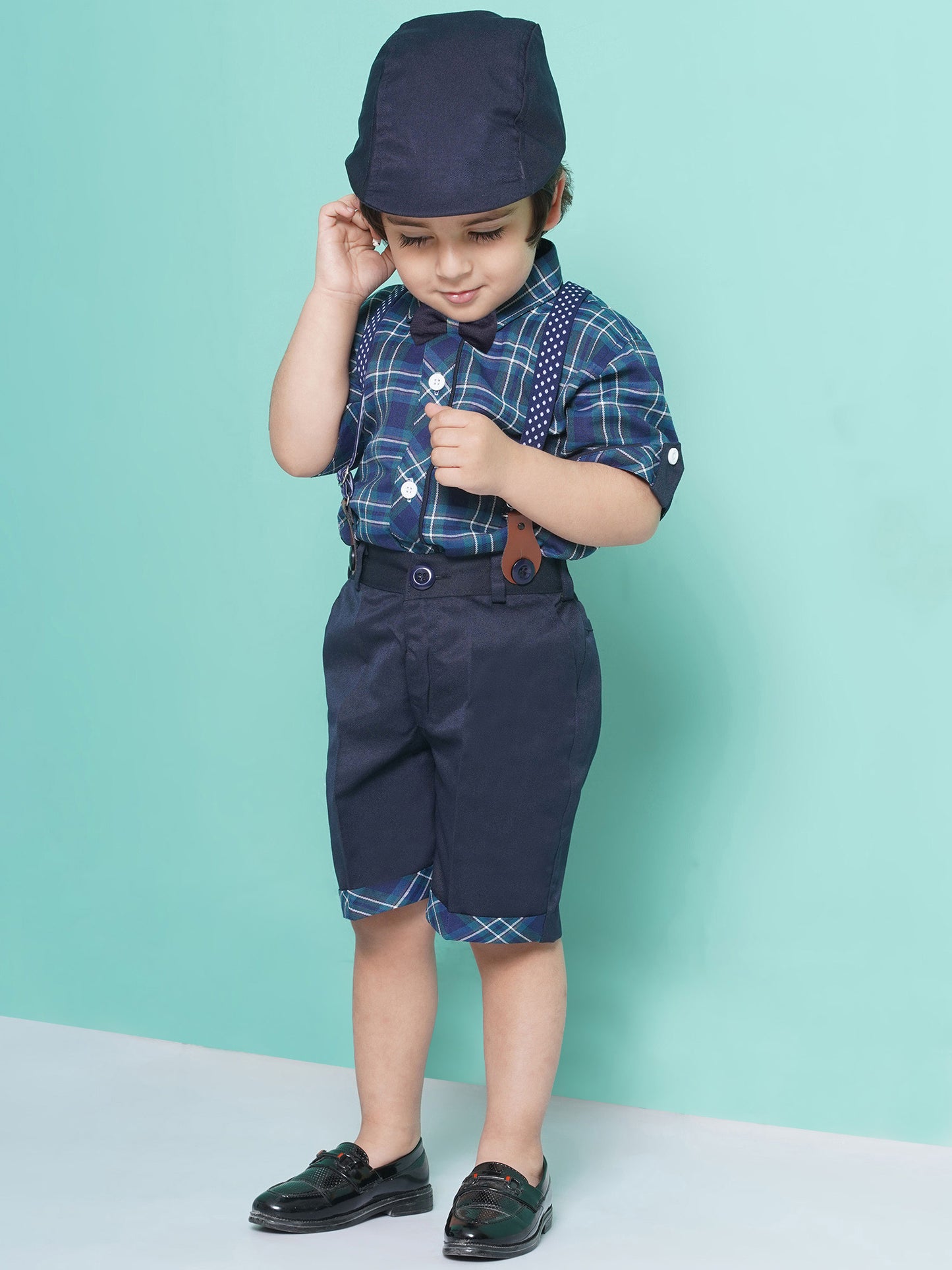 Kids Boys Blue Checkered Cotton Blend Dungaree