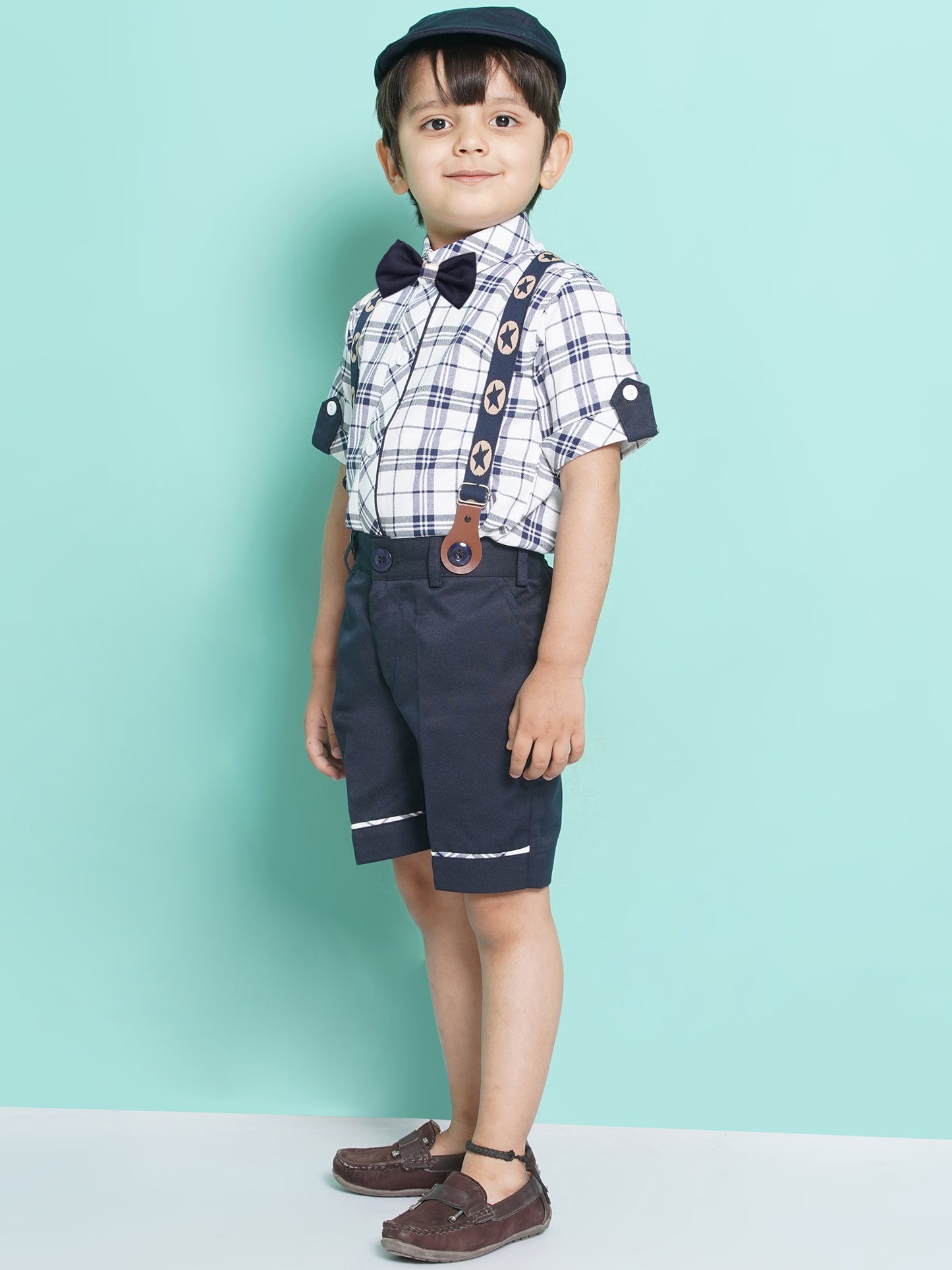 Kids Boys White Checkered Cotton Blend Dungaree