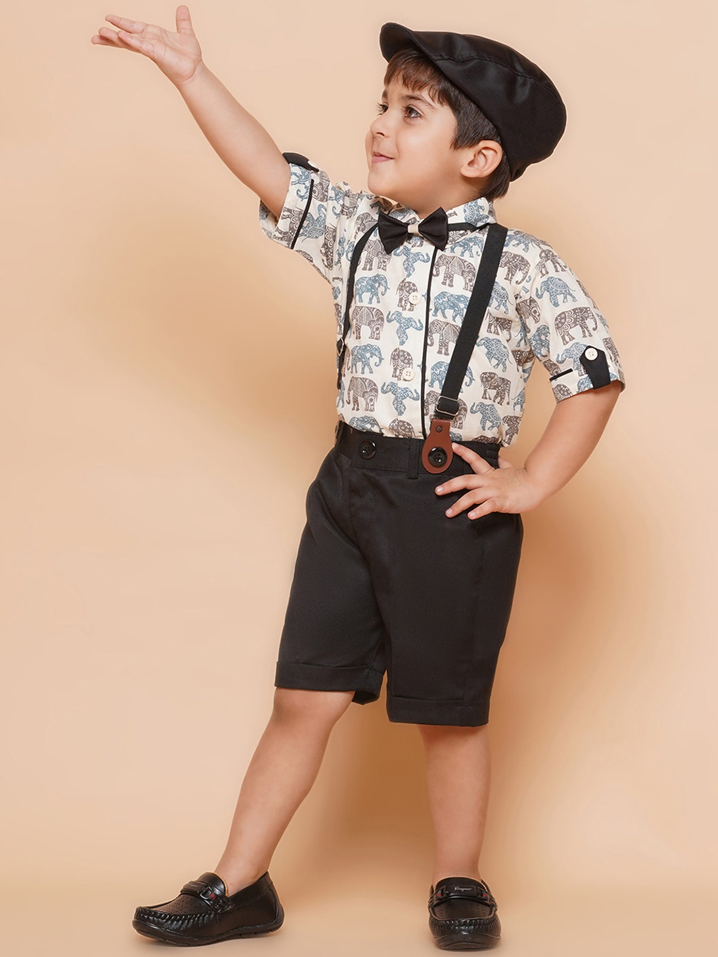 Kids Boys Black Animal Print Cotton Blend Dungaree