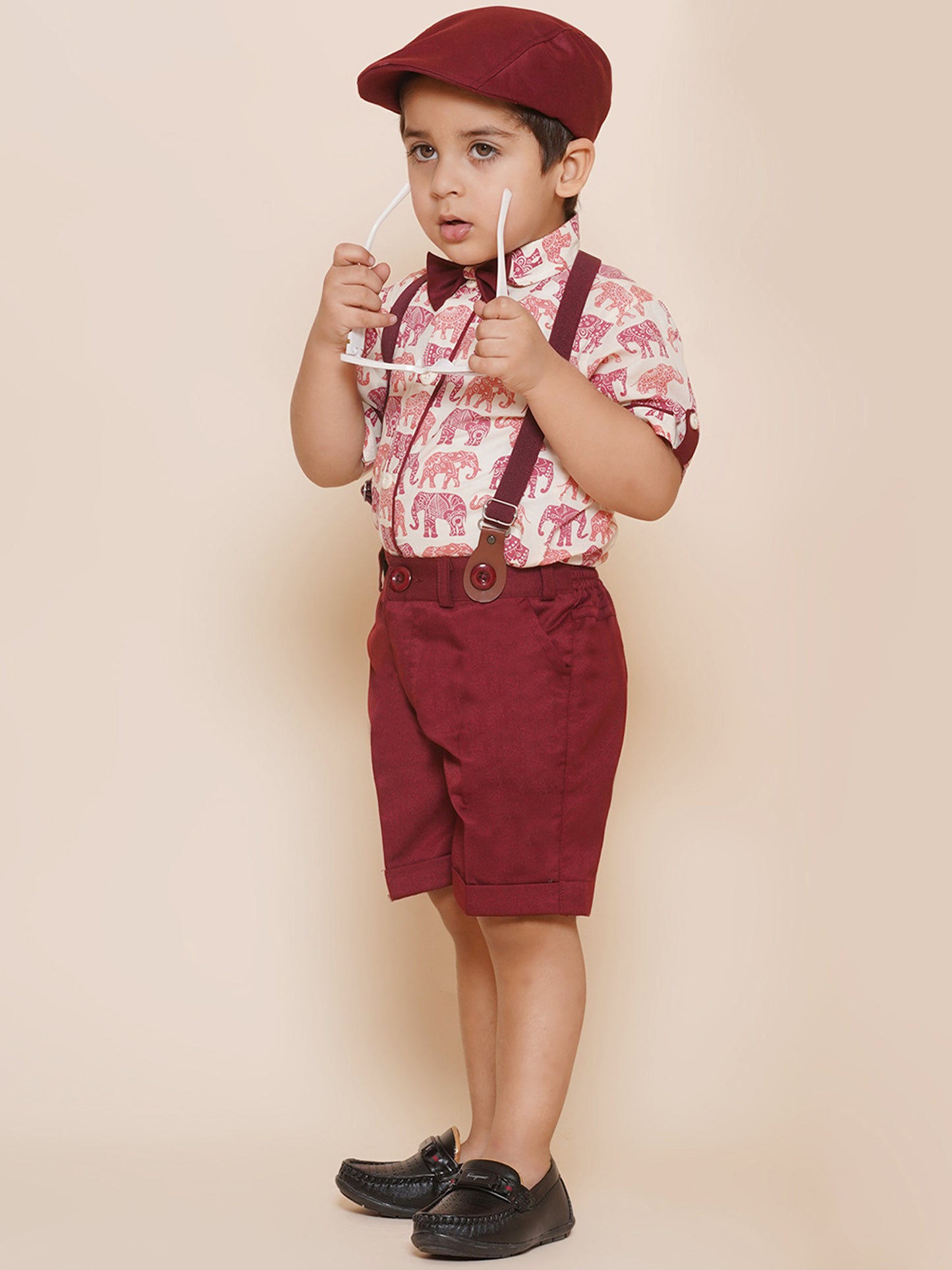 Kids Boys Maroon Animal Print Cotton Blend Dungaree
