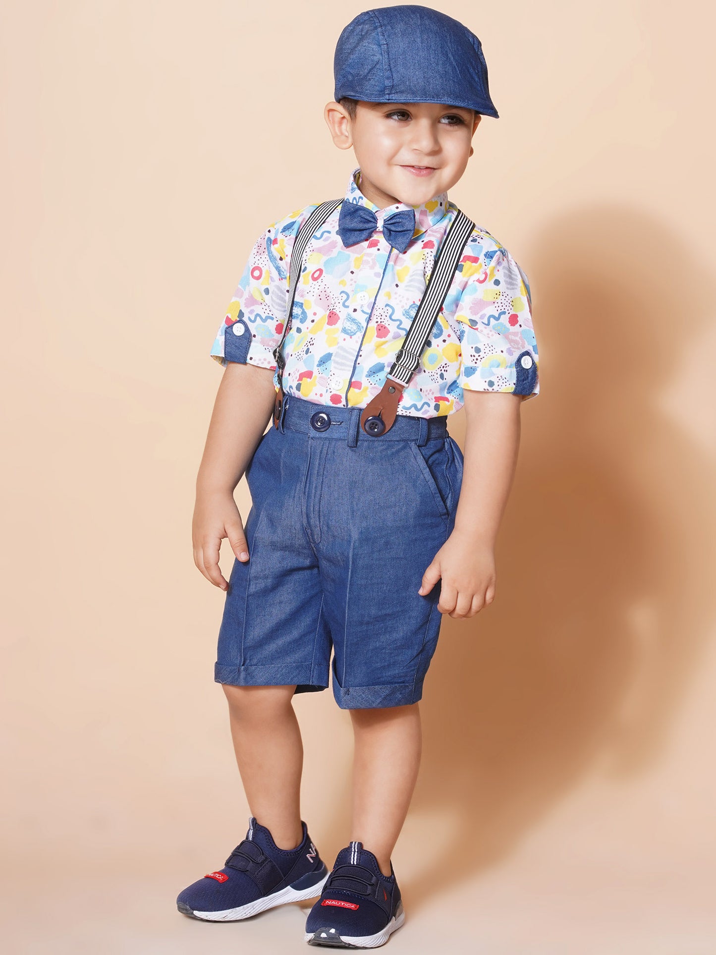 Kids Boys Blue Block Print Pure Cotton Dungaree