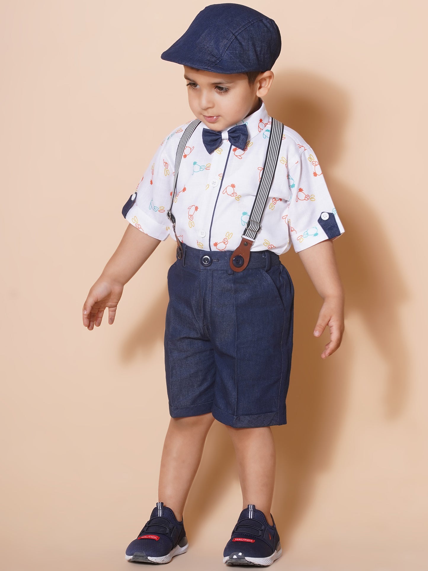 Kids Boys White Block Print Pure Cotton Dungaree