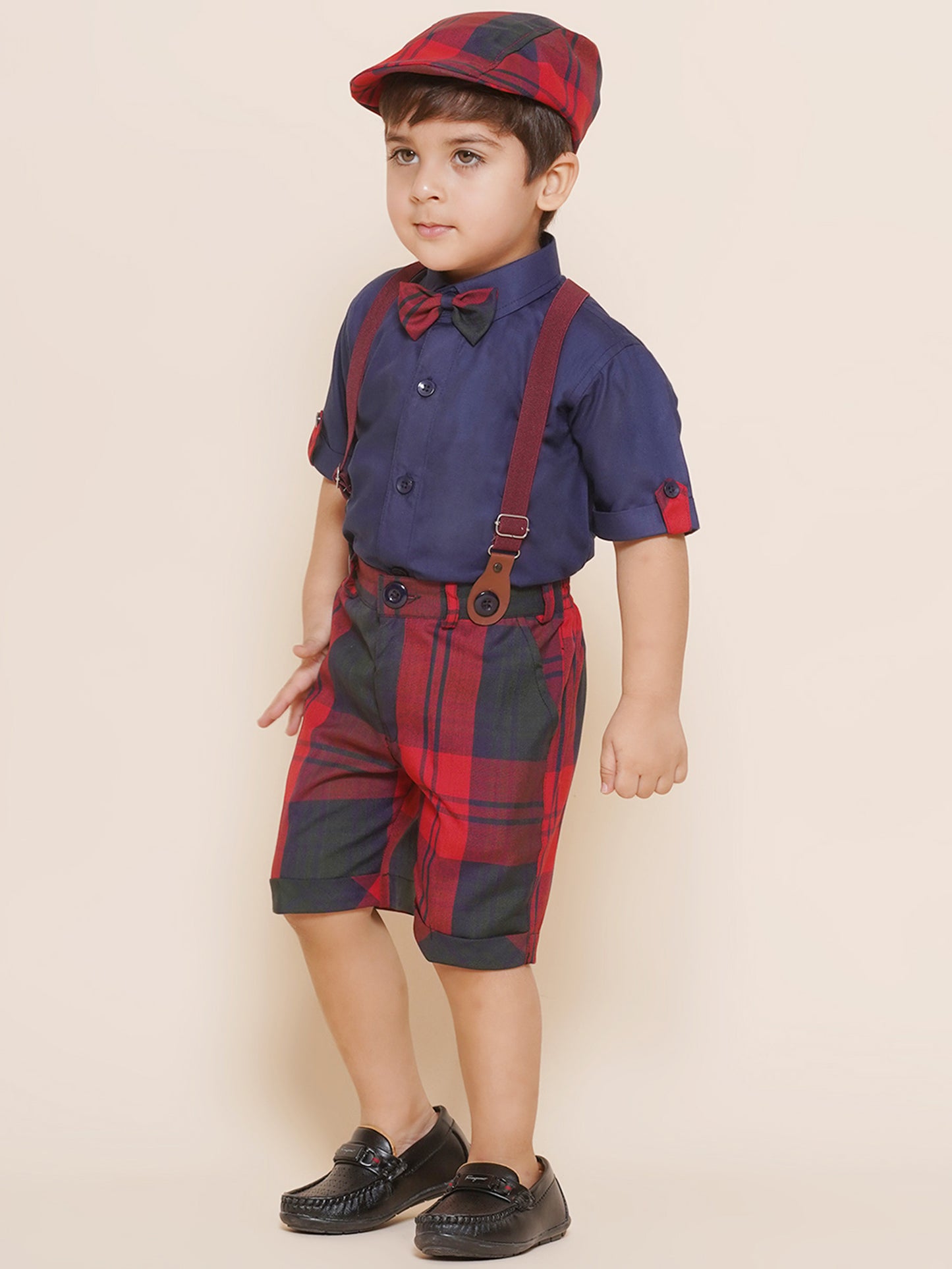 Kids Boys Red Solid Cotton Dungaree