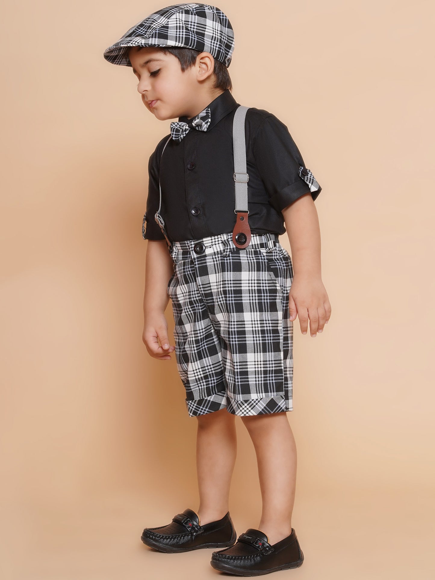 Boys Kids White Cotton Printed Shirt Shorts With Cap and Suspender Set