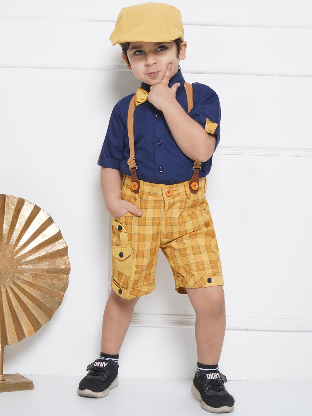 Kids Boys Mustard Printed Cotton Dungaree