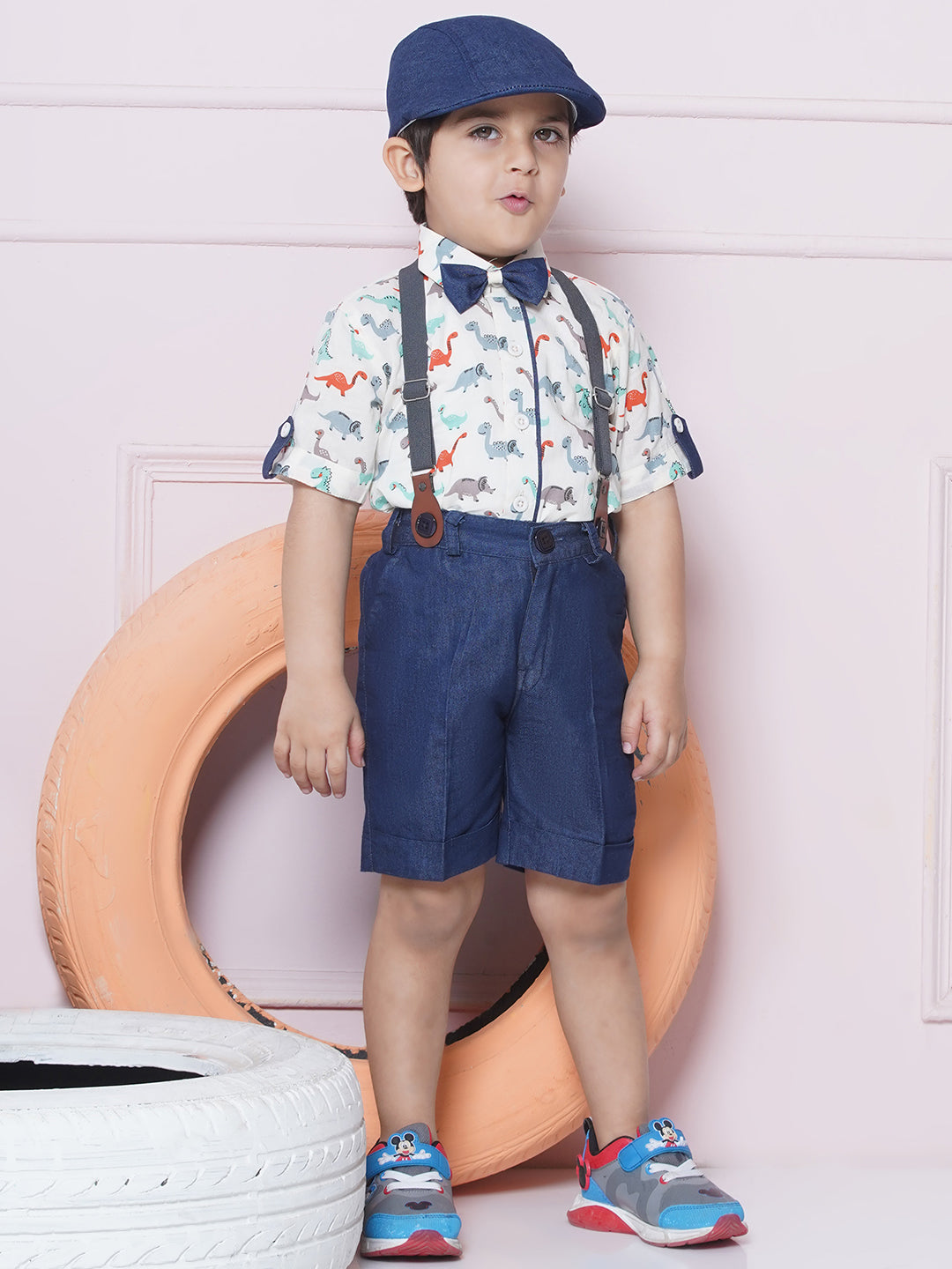 Orange Kids Cotton Printed Shirt Shorts With Cap and Suspender Set For Boys