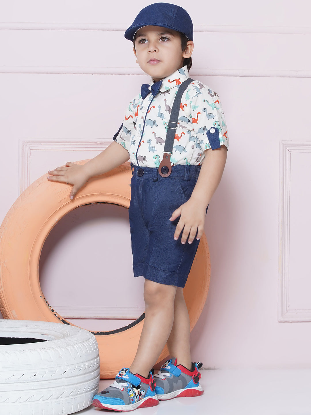 Orange Kids Cotton Printed Shirt Shorts With Cap and Suspender Set For Boys
