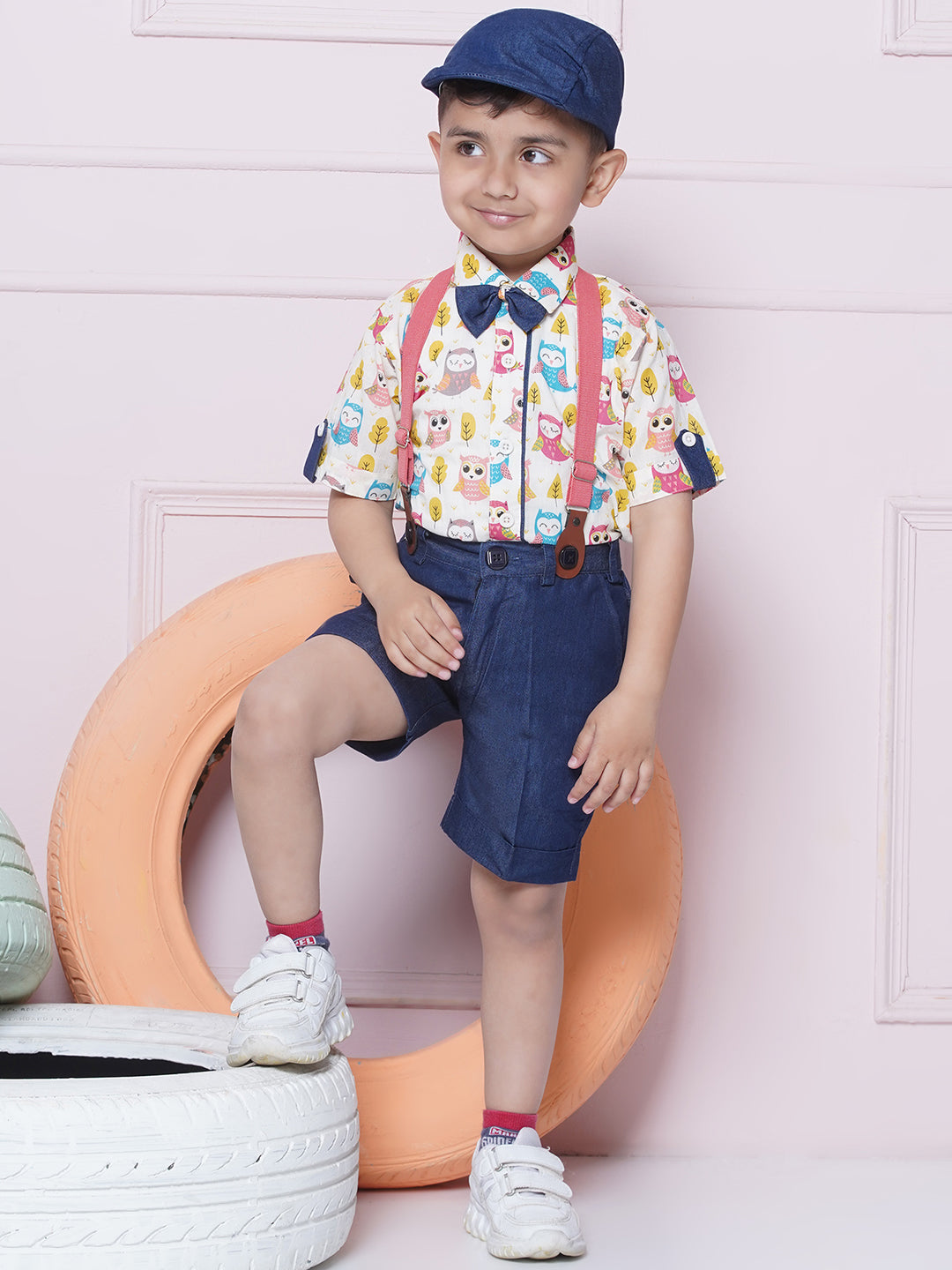 Kids Boys Pink Printed Cotton Dungaree
