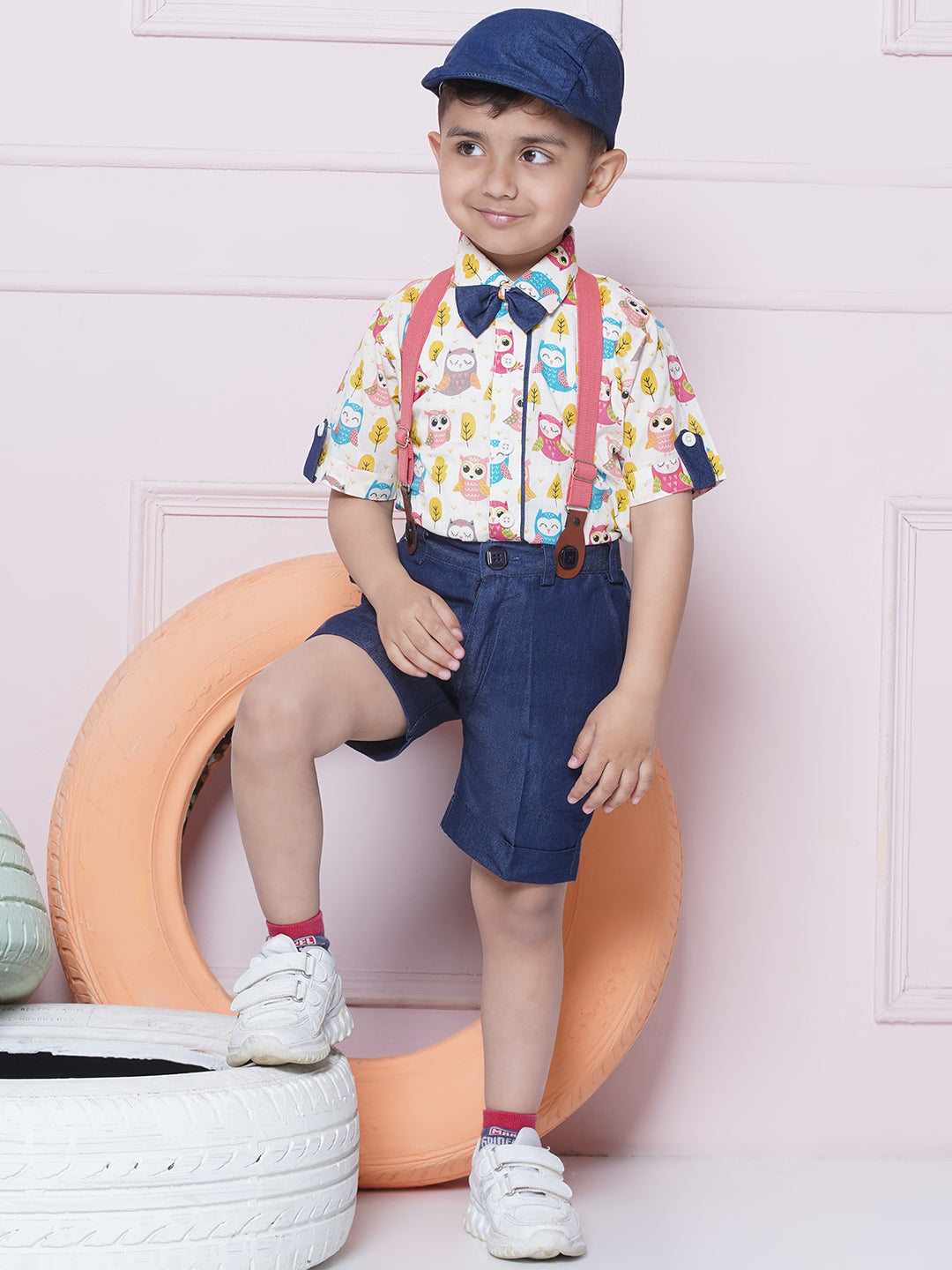 Pink Kids Cotton Printed Shirt Shorts With Cap and Suspender Set For Boys