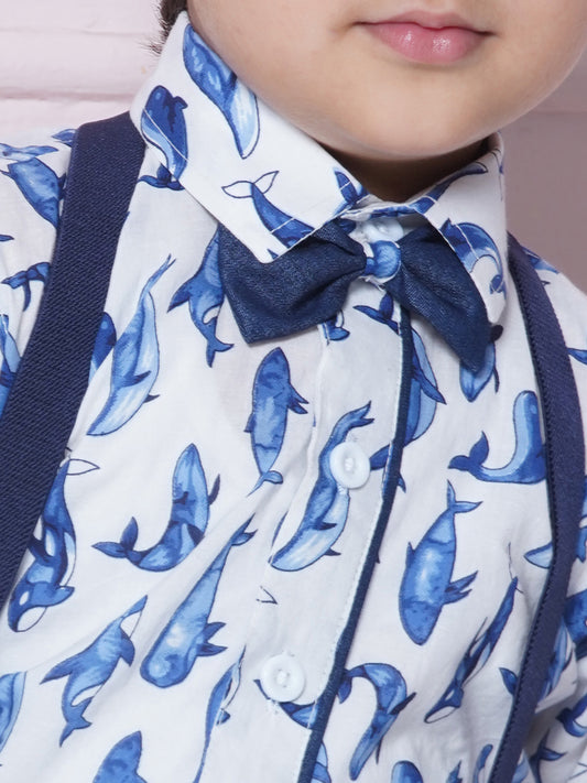 Kids Boys White Printed Cotton Dungaree