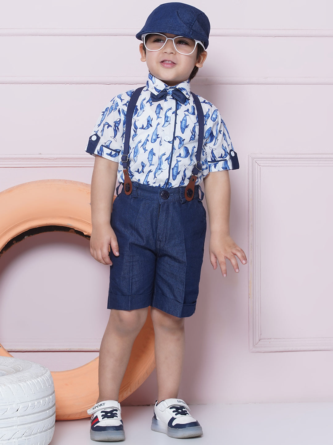 Kids Boys White Printed Cotton Dungaree